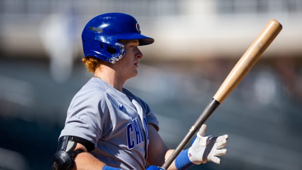 Oct 26, 2022; Surprise, Arizona, USA; Chicago Cubs outfielder Owen Caissie plays for the Mesa Solar Sox during an Arizona Fall League baseball game at Surprise Stadium. Mandatory Credit: Mark J. Rebilas-USA TODAY Sports